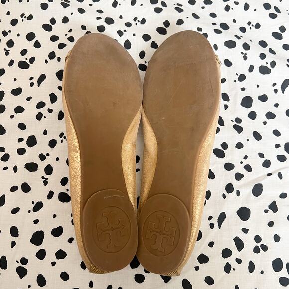 Tory Burch | Romy Gold Leather Tan Cap Toe Bow Scalloped Designer Ballet Flats - Picture 9 of 9